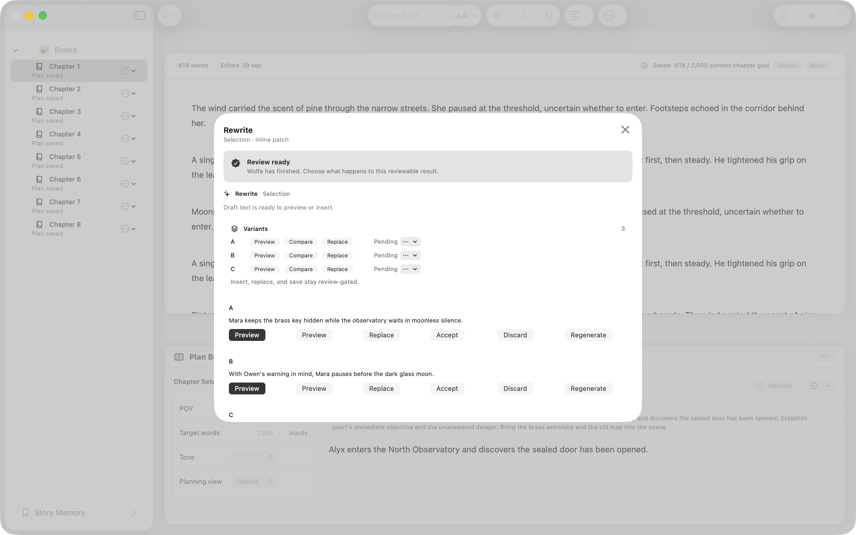 WolfeWriter review and planning screenshot.