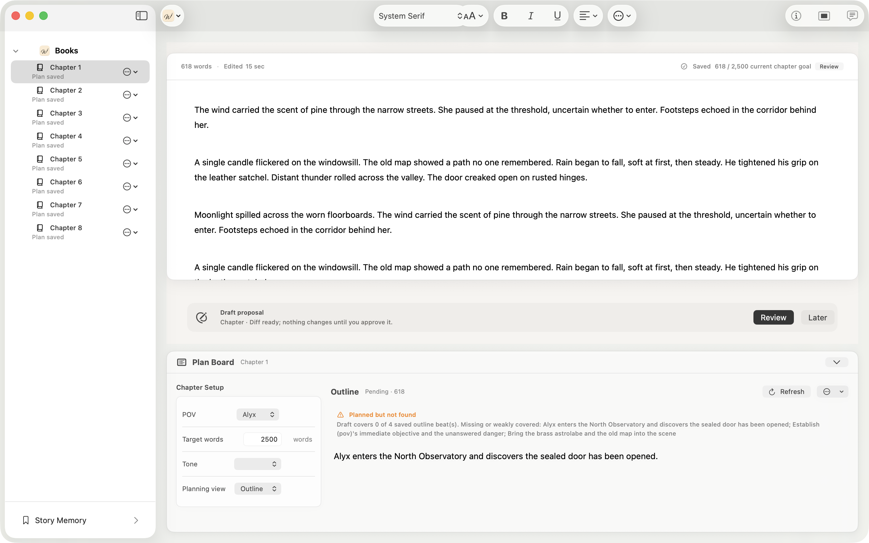 WolfeWriter writing workspace screenshot.